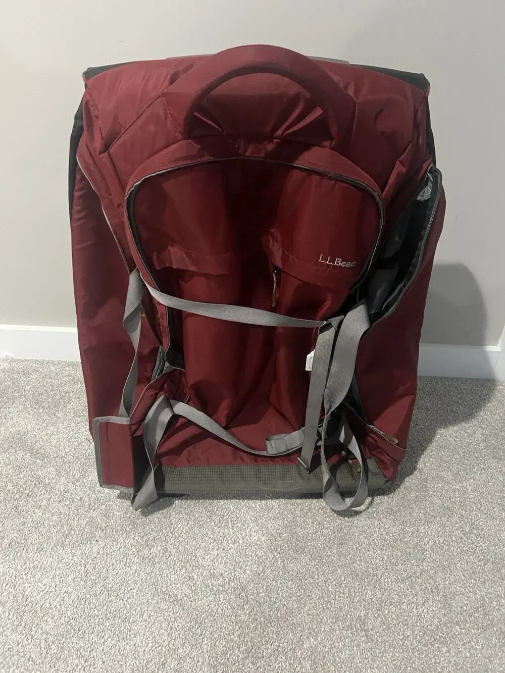 LL Bean Deluxe Rolling Wheeled Bag Travel Luggage Red Burgundy Trip Nylon Large
